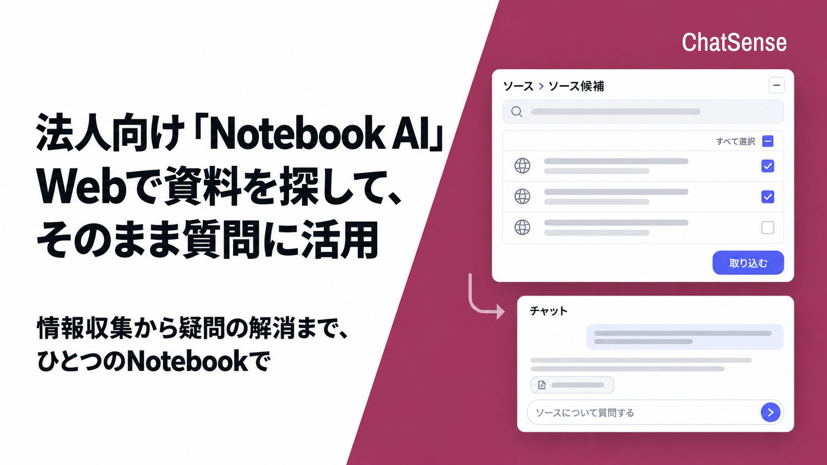 ChatSense Notebook AIでWeb検索候補から資料を選び質問に活用する機能イメージ